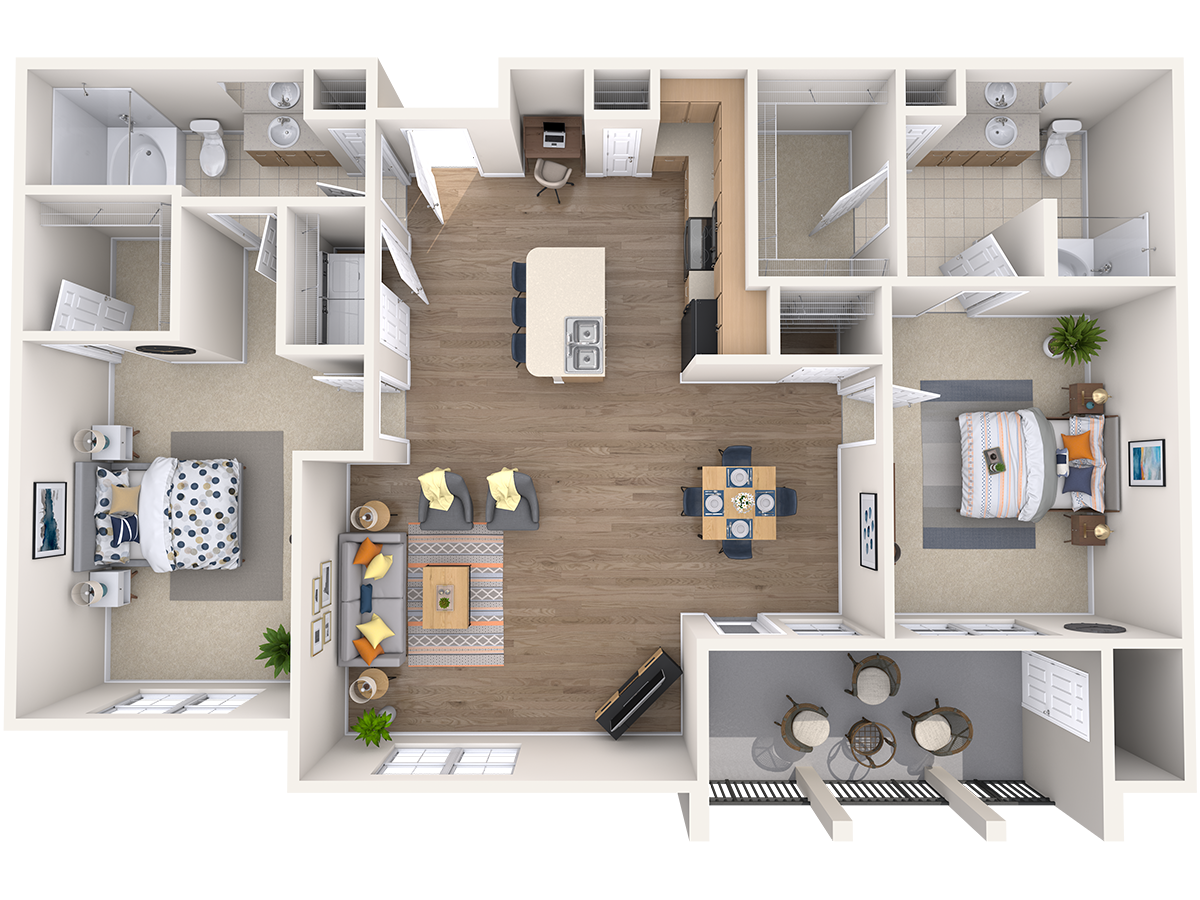 Floor plan for 2 beds, 2 baths, 1139 sqft